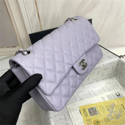 Ch*el medium classic flap bag grained calfskin silver tone metal lilac 01112