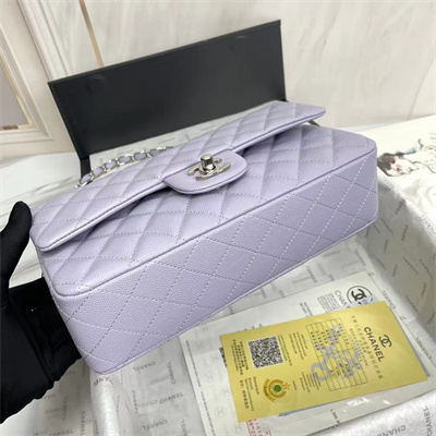 Ch*el medium classic flap bag grained calfskin silver tone metal lilac 01112