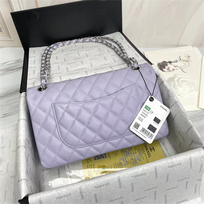 Ch*el medium classic flap bag grained calfskin silver tone metal lilac 01112