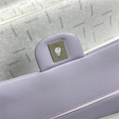 Ch*el medium classic flap bag grained calfskin silver tone metal lilac 01112