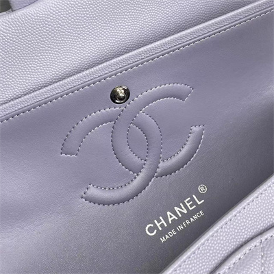 Ch*el medium classic flap bag grained calfskin silver tone metal lilac 01112