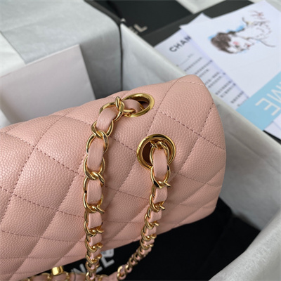 Ch*el medium classic flap bag grained calfskin gold tone metal pink 01112
