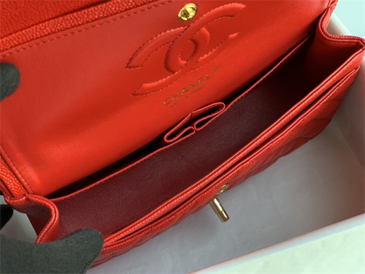 Ch*el medium classic flap bag grained calfskin gold tone metal red 01112