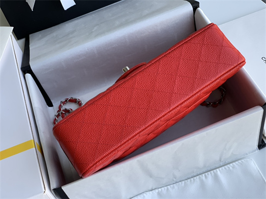 Ch*el medium classic flap bag grained calfskin silver tone metal red 01112