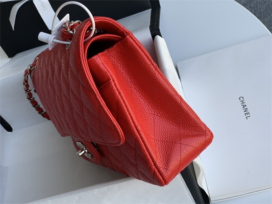 Ch*el medium classic flap bag grained calfskin silver tone metal red 01112