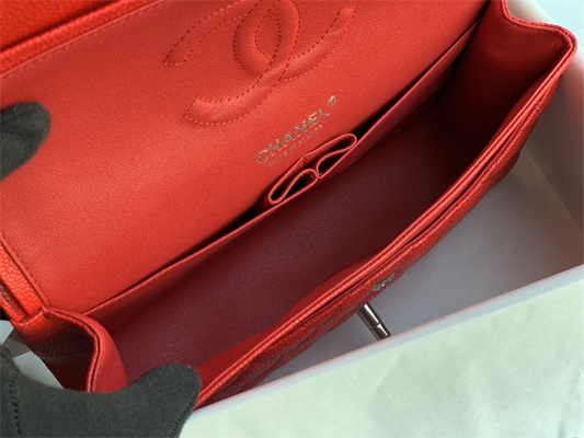 Ch*el medium classic flap bag grained calfskin silver tone metal red 01112