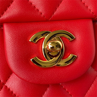 Ch*el medium classic flap bag lambskin gold tone metal red 01112