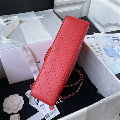 Ch*el medium classic flap bag lambskin silver tone metal red 01112