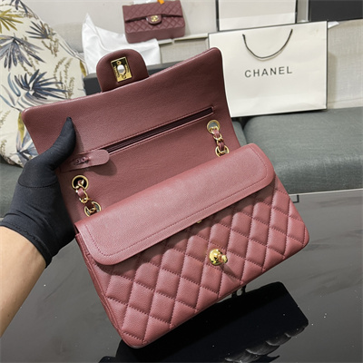 Ch*el medium classic flap bag grained calfskin gold tone metal burgundy 01112