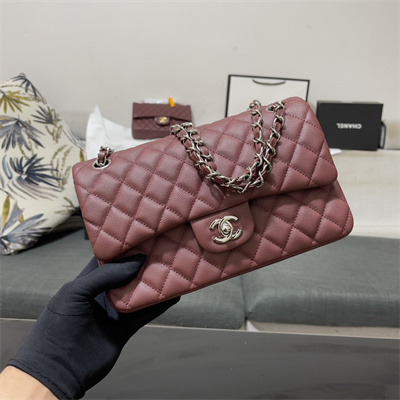 Ch*el medium classic flap bag grained calfskin silver tone metal burgundy 01112