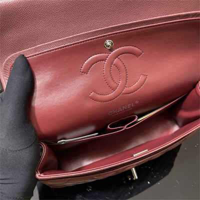 Ch*el medium classic flap bag grained calfskin silver tone metal burgundy 01112