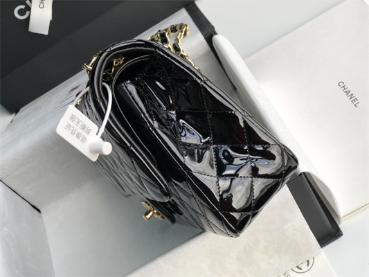 Ch*el medium classic flap bag patent calfskin gold tone metal black 01112