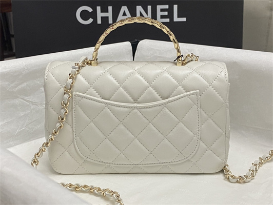 Ch*el mini flap bag with top handle shinny lambskin gold tone metal white as4924