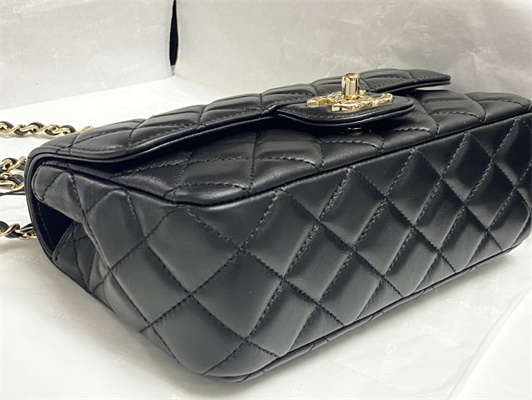 Ch*el mini flap bag with top handle shinny lambskin gold tone metal black as4924