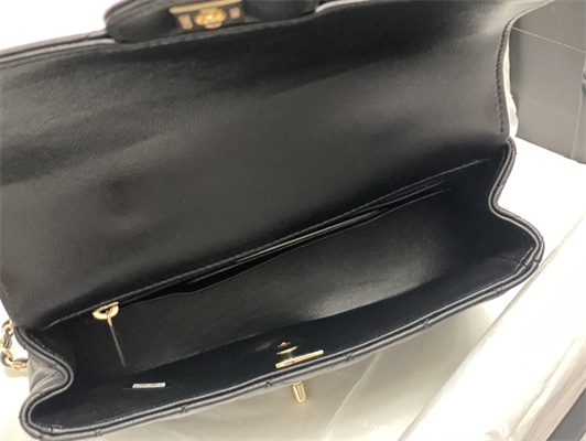 Ch*el mini flap bag with top handle shinny lambskin gold tone metal black as4924