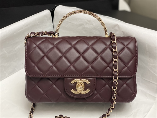 Ch*el mini flap bag with top handle shinny lambskin gold tone metal burgundy as4924