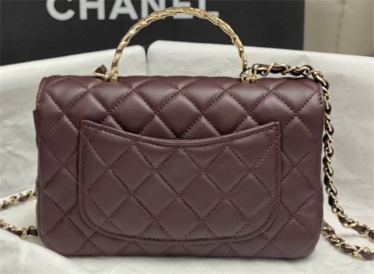 Ch*el mini flap bag with top handle shinny lambskin gold tone metal burgundy as4924