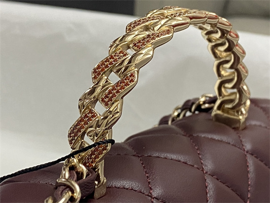 Ch*el mini flap bag with top handle shinny lambskin gold tone metal burgundy as4924