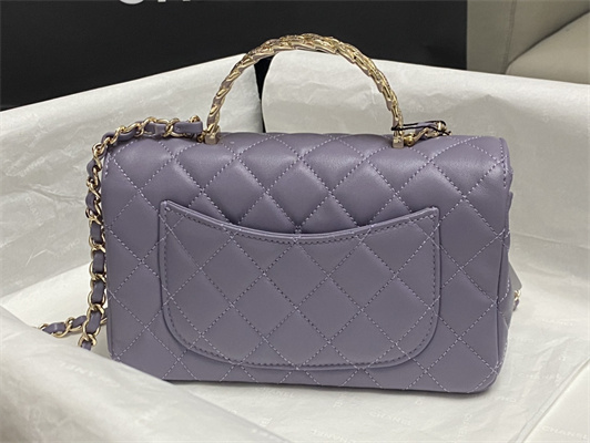 Ch*el mini flap bag with top handle shinny lambskin gold tone metal lt purple as4924