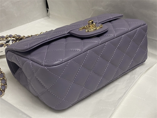 Ch*el mini flap bag with top handle shinny lambskin gold tone metal lt purple as4924