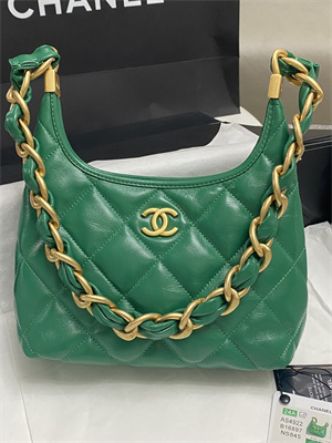 Ch*el small hobo bag shiny lambskin gold tone metal green as4922