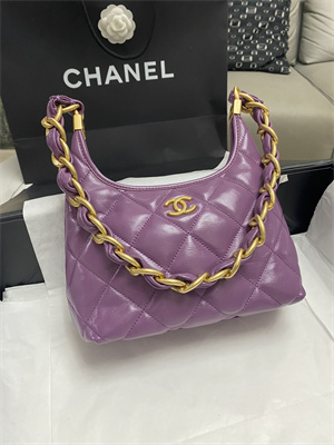 Ch*el small hobo bag shiny lambskin gold tone metal purple as4922