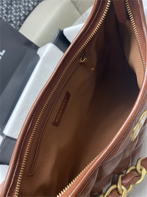 Ch*el small hobo bag shiny lambskin gold tone metal brown as4922