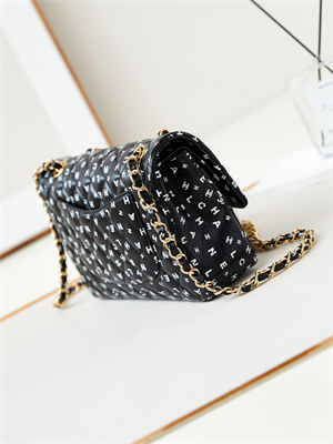 Ch*el medium classic handbag black calfskin with white letters as1112