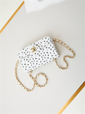 Ch*el mini classic handbag white calfskin with black letters as1116