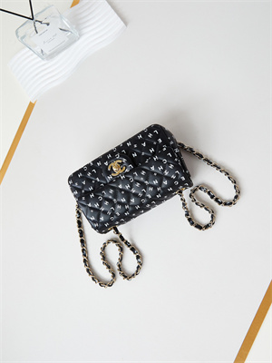 Ch*el mini classic handbag black calfskin with white letters as1116