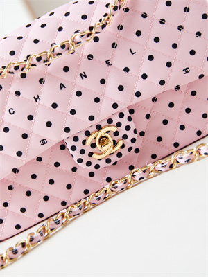 Ch*el medium classic handbag pink fabric with black dot as4720