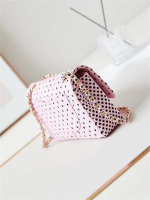 Ch*el medium classic handbag pink fabric with black dot as4720