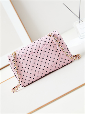 Ch*el medium classic handbag pink fabric with black dot as4720