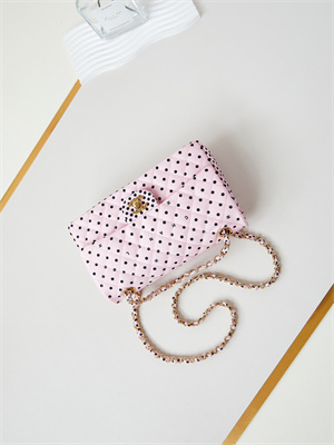 Ch*el medium classic handbag pink fabric with black dot as4720