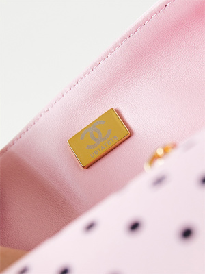 Ch*el medium classic handbag pink fabric with black dot as4720