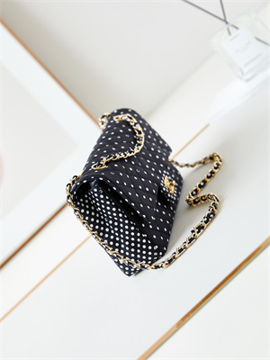 Ch*el medium classic handbag black fabric with white dot as4720