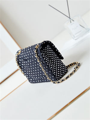 Ch*el medium classic handbag black fabric with white dot as4720