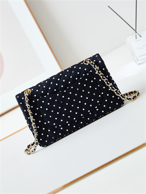 Ch*el medium classic handbag black fabric with white dot as4720