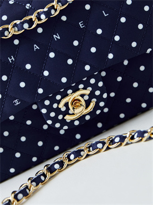 Ch*el medium classic handbag dk blue fabric with white dot as4720