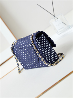 Ch*el medium classic handbag dk blue fabric with white dot as4720