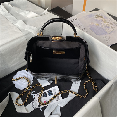 Ch*el mini bag with top handle shiny lambskin gold tone metal black as4958