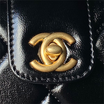 Ch*el small bag with top handle shiny lambskin gold tone metal black as4959