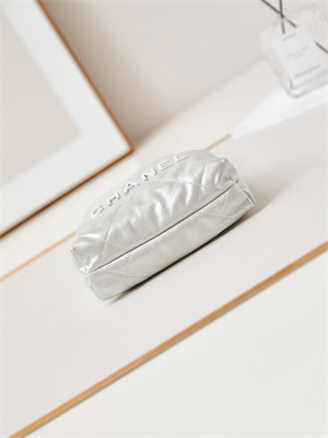 Ch*el 22 mini handbag shiny calfskin silver tone metal white as3980