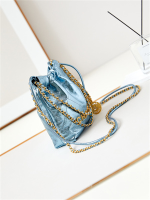 Ch*el 22 mini handbag metallic calfskin gold tone metal blue as3980