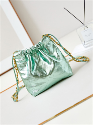 Ch*el 22 mini handbag metallic calfskin gold tone metal green as3980