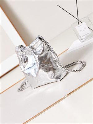 Ch*el 22 mini handbag metallic calfskin silver tone metal silver as3980