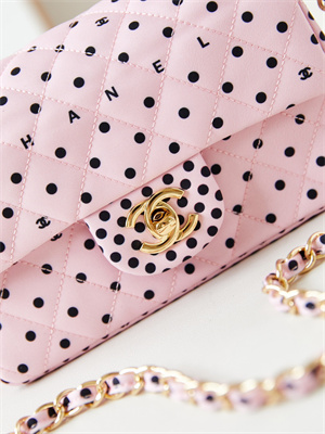 Ch*el mini classic handbag pink fabric with black dot a69900