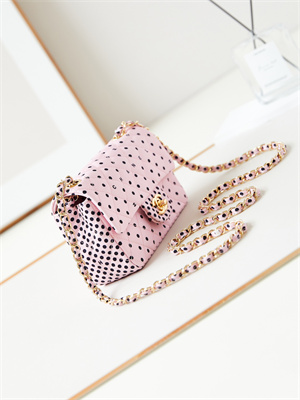 Ch*el mini classic handbag pink fabric with black dot a69900
