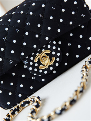 Ch*el mini classic handbag black fabric with white dot a69900