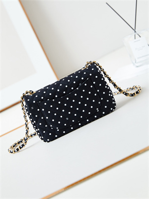 Ch*el mini classic handbag black fabric with white dot a69900